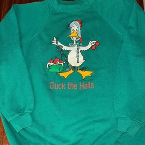 Vintage 1987 Duck The Halls Christmas Holiday Sweatshirt Size XL Green USA